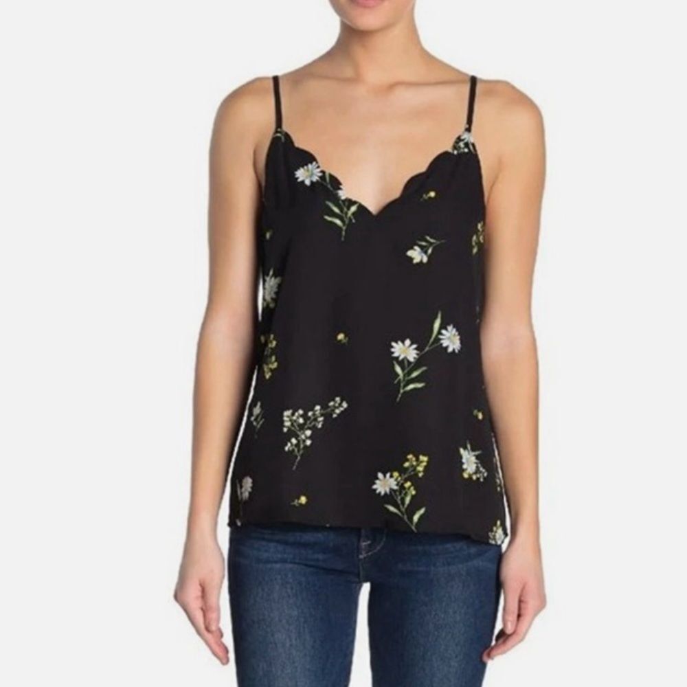 Socialite Black Floral Camisole Tank Top Scalloped Neck M